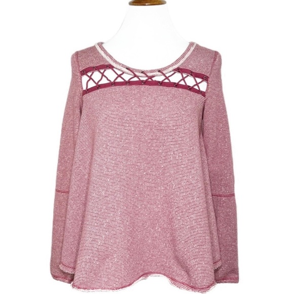 Free People Criss Cross Magenta Pink Striped Pullover Long Sleeve Sweatshirt Top - Picture 2 of 10